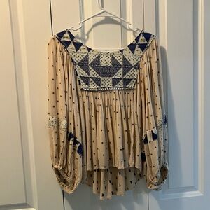 Free People Cream Tunic with Navy Embroidery